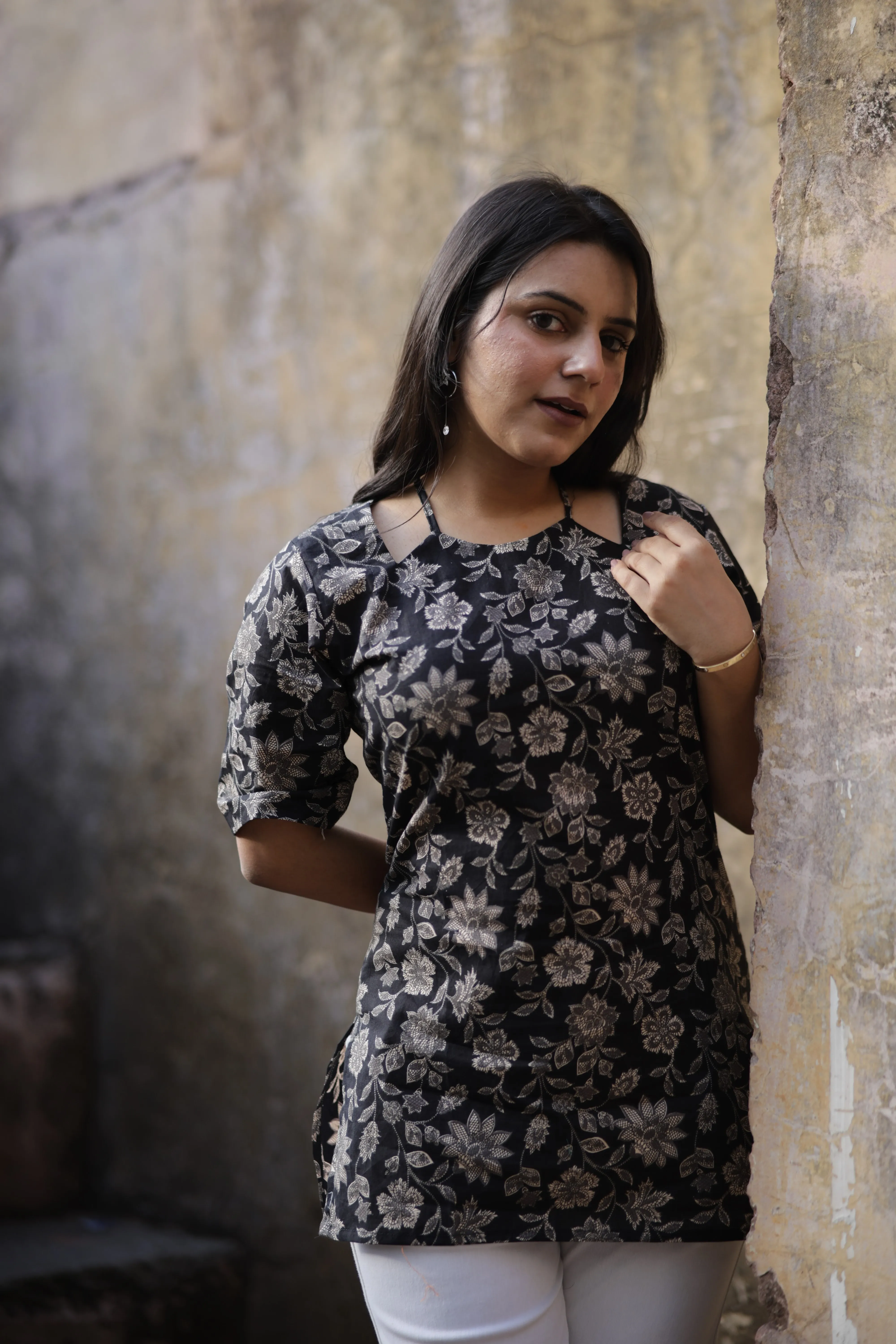Black Floral Cotton Short Kurti with Halter-Neck