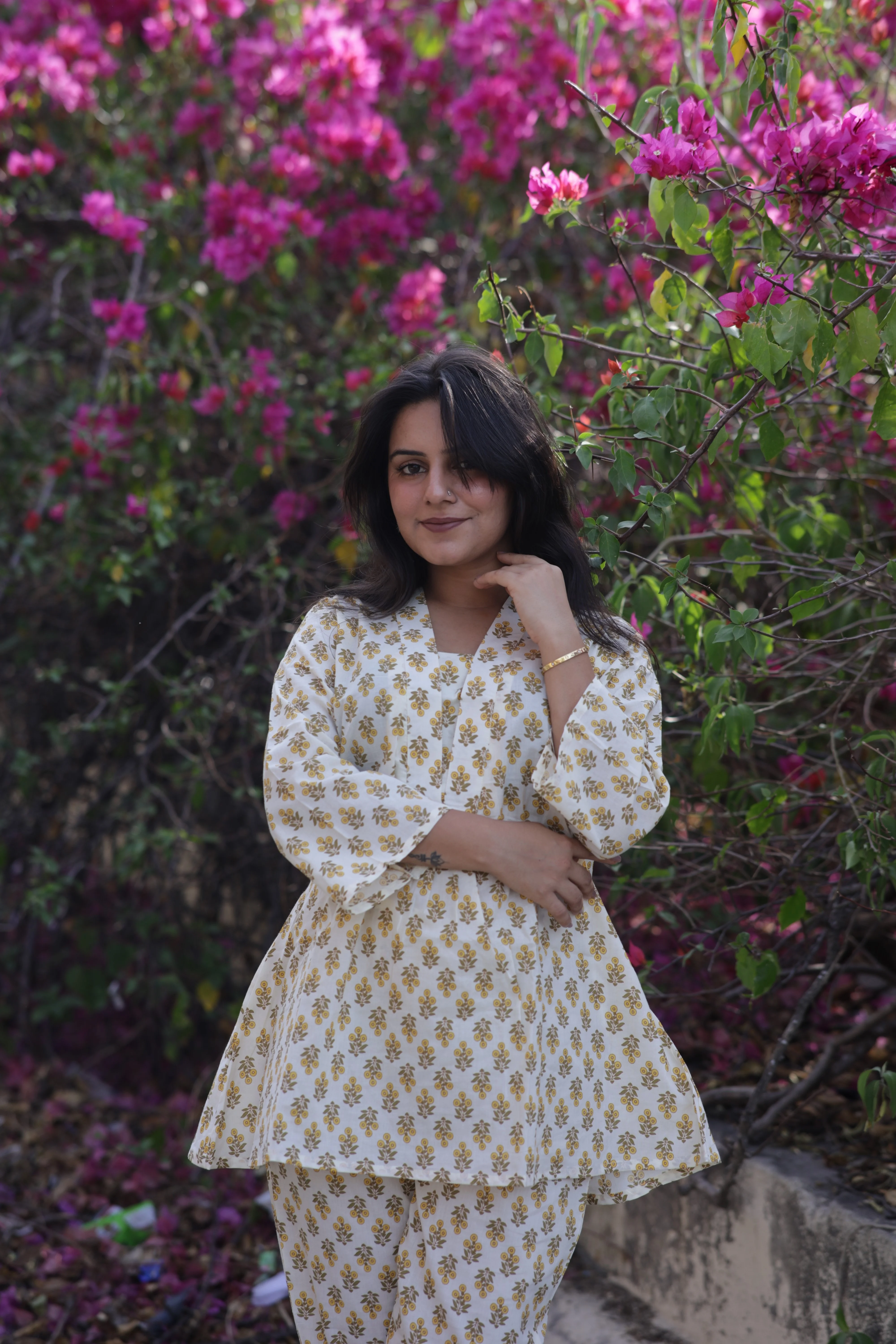Yellow Floral Cotton Co-ord Set with Peplum Top & Trousers