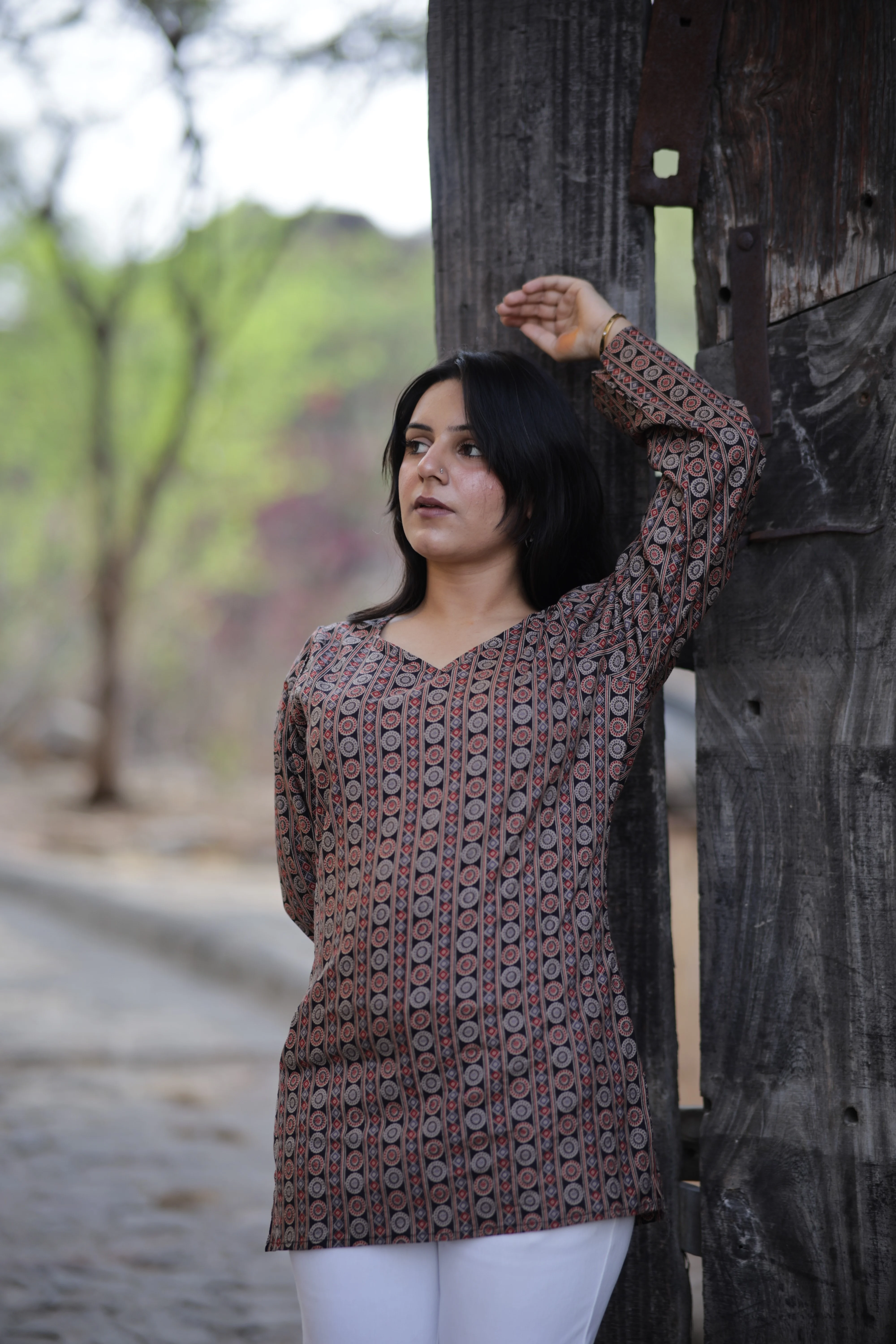 V Neck Floral Cotton Short Kurti